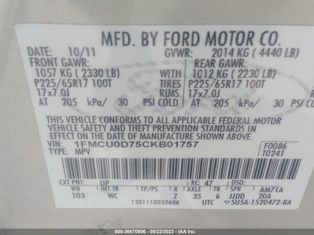 2012 FORD ESCAPE XLT VIN: 1FMCU0D75CKB01757