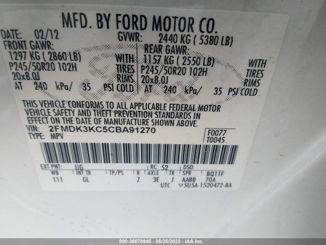 2012 FORD EDGE LIMITED VIN: 2FMDK3KC5CBA91270
