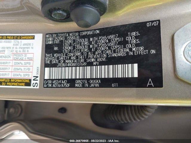2008 TOYOTA 4RUNNER SR5 SPORT VIN: JTEBU14R088107649