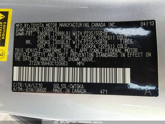 2013 LEXUS RX 350 VIN: 2T2ZK1BA4DC120663