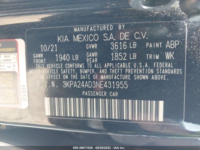 3KPA24AD3NE431955 KIA RIO S