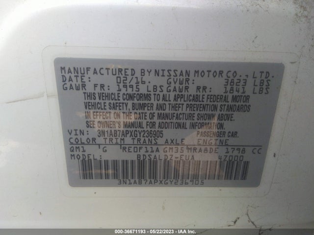 2016 NISSAN SENTRA SV VIN: 3N1AB7APXGY236905