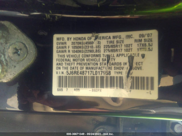 2007 HONDA CR-V EX-L VIN: 5J6RE48717L017958