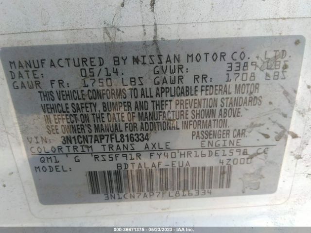 3N1CN7AP7FL816334 Nissan VERSA S