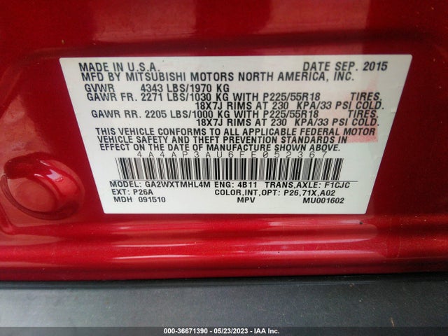 4A4AP3AU6FE052367 Mitsubishi Outlander Sport Es