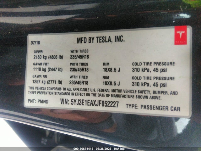 Tesla Model 3 Range Battery 2018 5YJ3E1EAXJF052227 Image 9