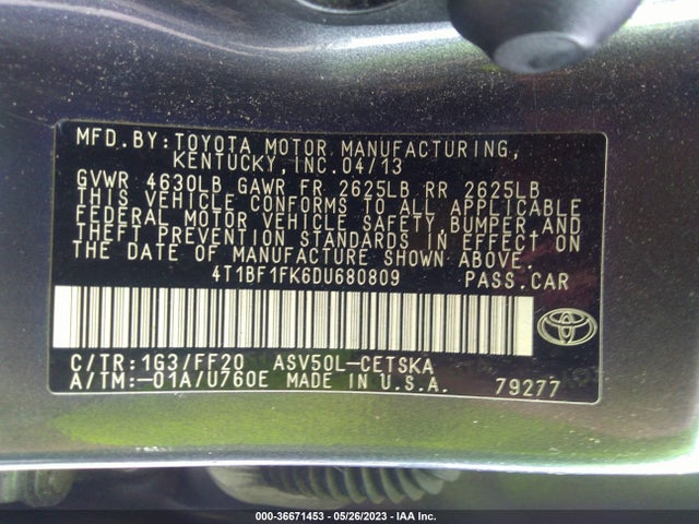 2013 TOYOTA CAMRY L/LE/SE/XLE VIN: 4T1BF1FK6DU680809