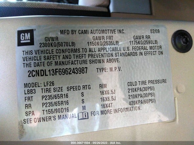 2009 CHEVROLET EQUINOX LS VIN: 2CNDL13F696243987