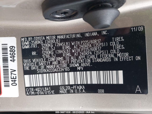 2010 TOYOTA SIENNA XLE VIN: 5TDYK4CC0AS334165