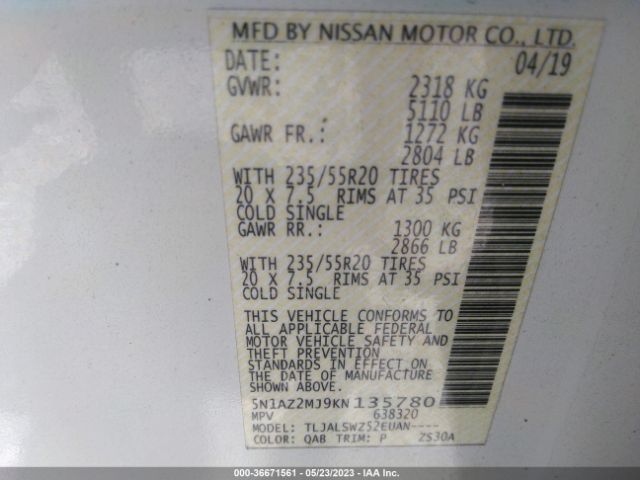 5N1AZ2MJ9KN135780 Nissan Murano Platinum