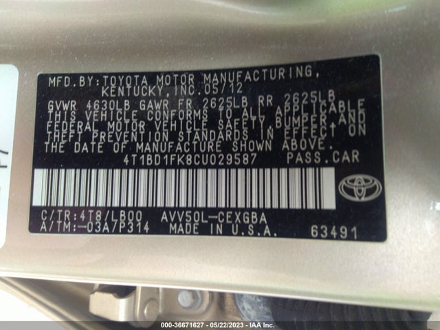 2012 TOYOTA CAMRY HYBRID XLE/LE VIN: 4T1BD1FK8CU029587