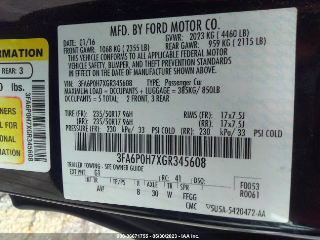 3FA6P0H7XGR345608 Ford FUSION SE