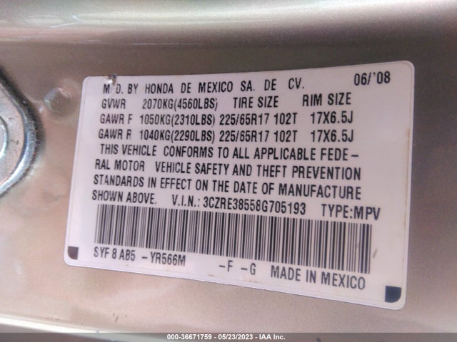 2008 HONDA CR-V EX VIN: 3CZRE38558G705193
