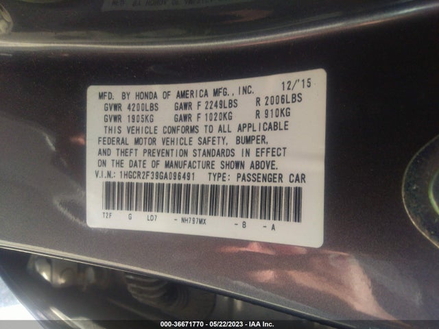 Honda Accord Sedan Lx 2016 1HGCR2F39GA096491 Image 9