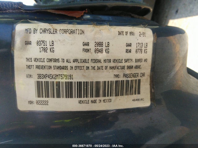 1991 DODGE SHADOW VIN: 3B3XP45K2MT579191