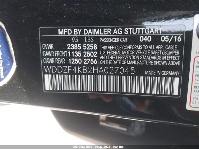 2017 MERCEDES-BENZ E-CLASS E 300 VIN: WDDZF4KB2HA027045