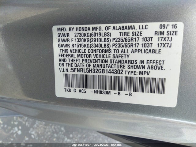 Honda ODYSSEY SE 2016 5FNRL5H32GB144302 Image 9