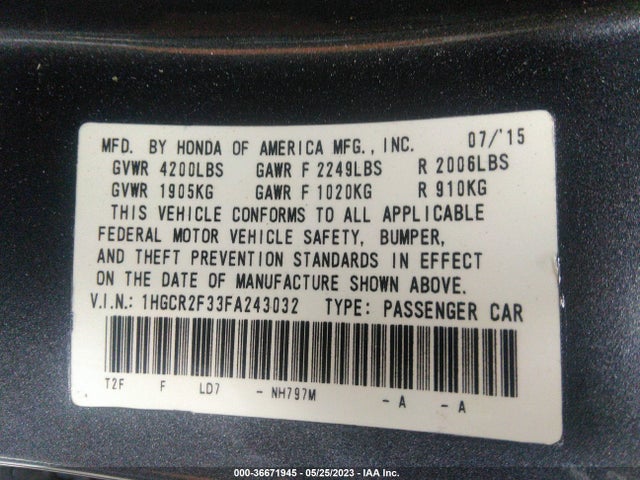 Honda Accord Sedan Lx 2015 1HGCR2F33FA243032 Image 9