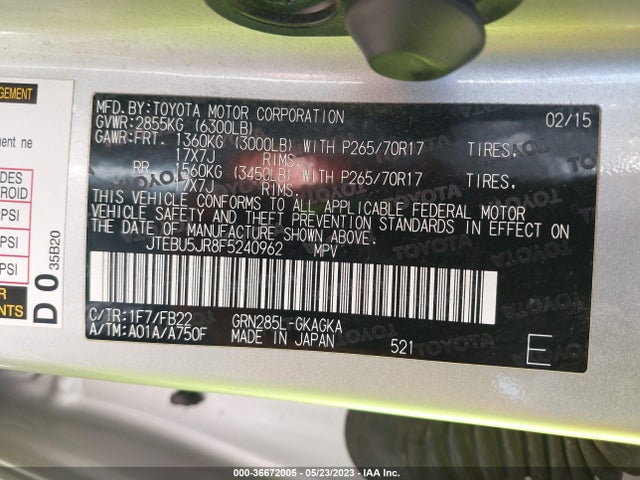 2015 TOYOTA 4RUNNER LIMITED/TRAIL/SR5 VIN: JTEBU5JR8F5240962