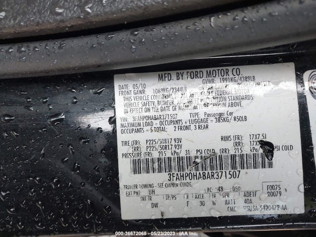2010 FORD FUSION SE VIN: 3FAHP0HA8AR371507