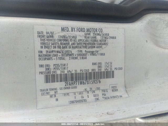 2007 FORD POLICE INTERCEPTOR BASE/BASE W VIN: 2FAHP71W67X159276