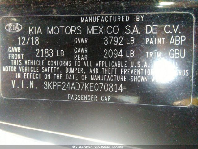 3KPF24AD7KE070814 KIA Forte Lxs