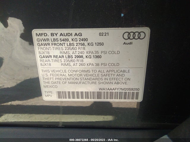 WA1AAAFY7M2059250 Audi Q5 PREMIUM