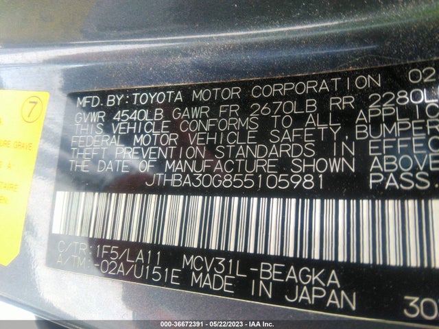 2005 LEXUS ES 330 VIN: JTHBA30G855105981