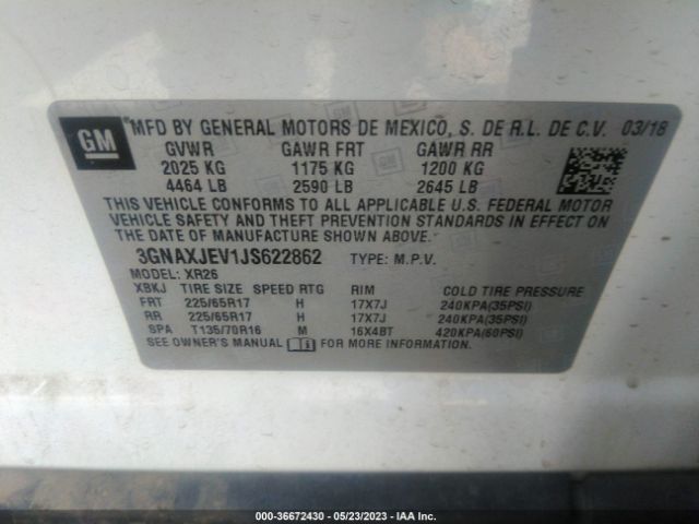 2018 CHEVROLET EQUINOX LT VIN: 3GNAXJEV1JS622862