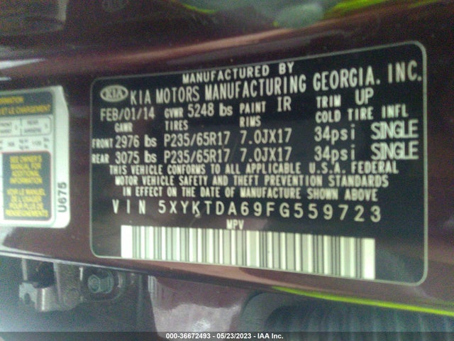 2015 KIA SORENTO LX VIN: 5XYKTDA69FG559723