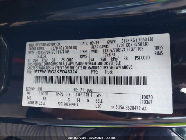 Ford F-150 Raptor 2019 1FTFW1RG2KFD46324 Image 9