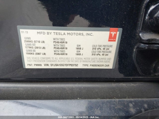 2013 TESLA MODEL S VIN: 5YJSA1DG7DFP03752