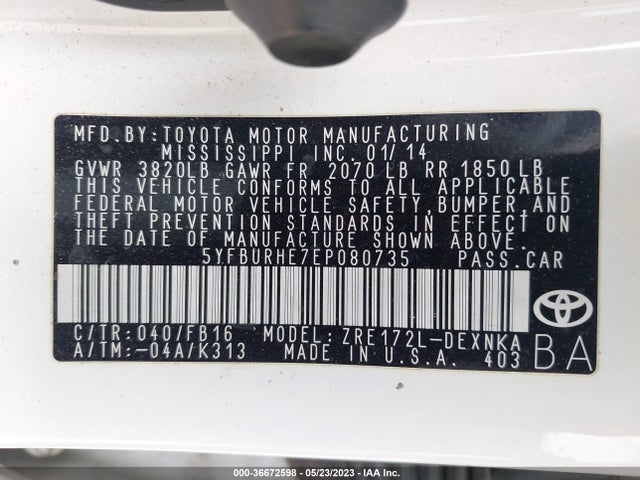 2014 TOYOTA COROLLA L/LE/S/S PLUS/LE PLUS VIN: 5YFBURHE7EP080735
