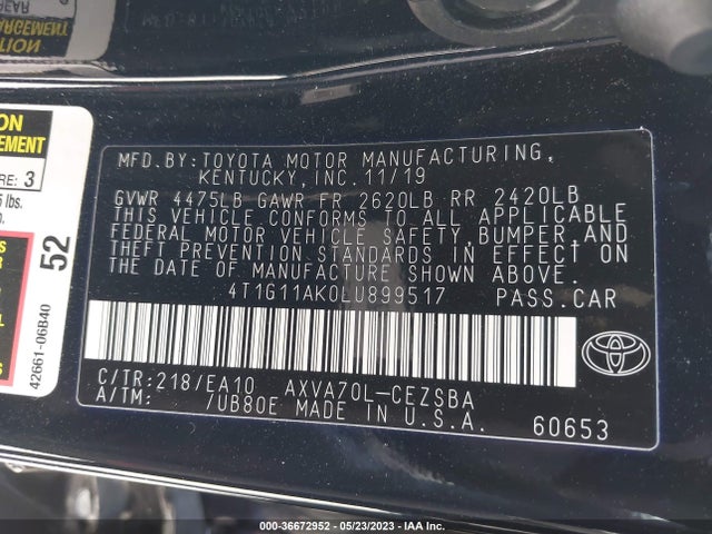 Toyota CAMRY SE 2020 4T1G11AK0LU899517 Image 10