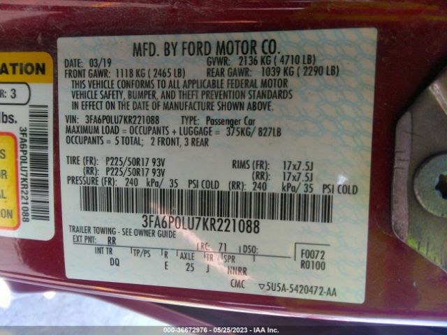 3FA6P0LU7KR221088 Ford Fusion Hybrid Se