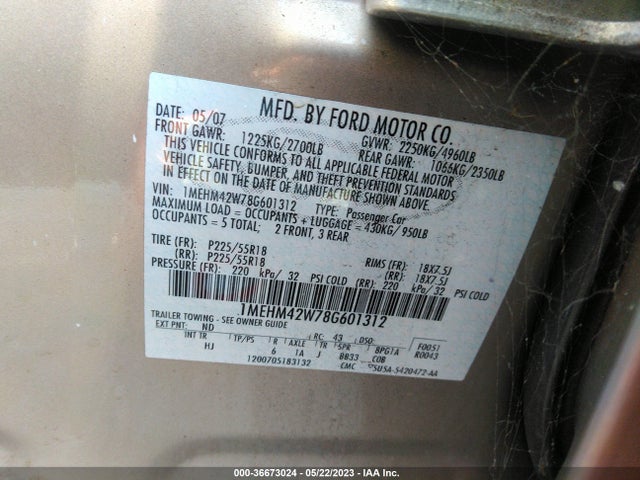 2008 MERCURY SABLE PREMIER VIN: 1MEHM42W78G601312