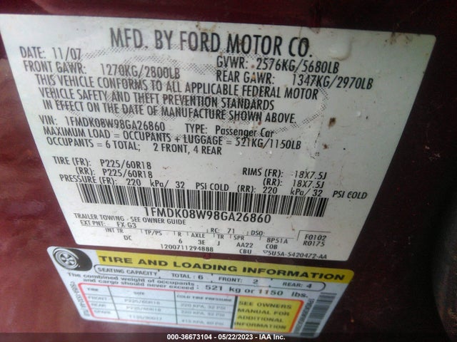 Продаж на аукціоні авто 2008 Ford Taurus X Eddie Bauer, vin: 1FMDK08W98GA26860, номер лоту: 36673104