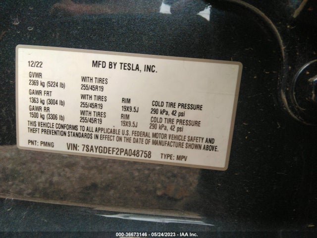 2023 TESLA MODEL Y PERFORMANCE VIN: 7SAYGDEF2PA048758