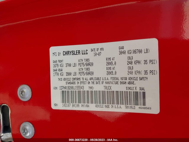 2008 DODGE RAM 1500 SLT VIN: 1D7HA18208J155543