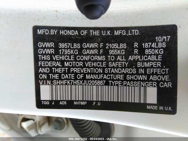 Honda Civic Hatchback Ex 2018 SHHFK7H5XJU205887 Image 9