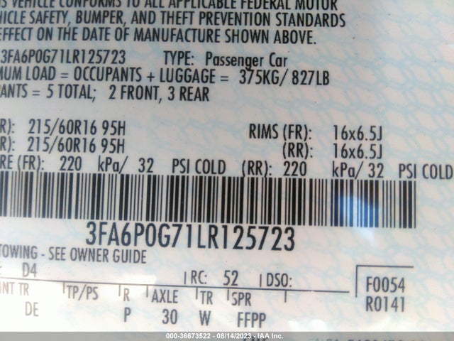 3FA6P0G71LR125723 Ford FUSION S