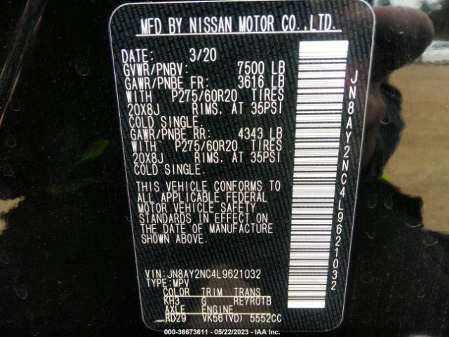 JN8AY2NC4L9621032 Nissan Armada Sl