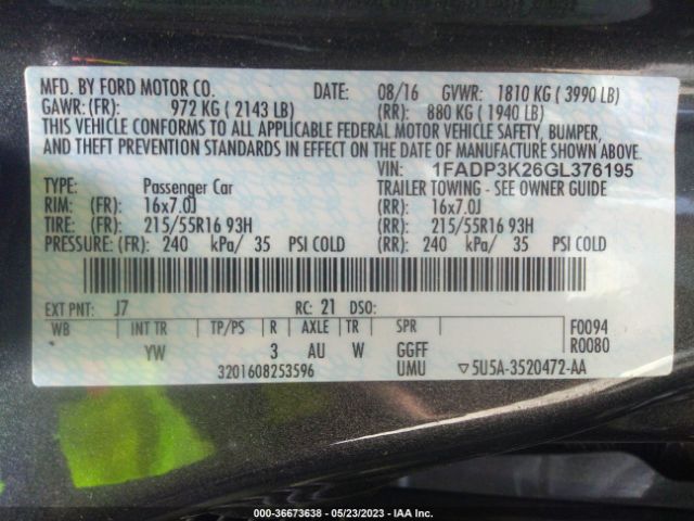 1FADP3K26GL376195 Ford FOCUS SE