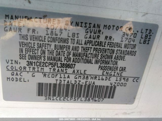 3N1CE2CP5FL389607 Nissan Versa Note Sv