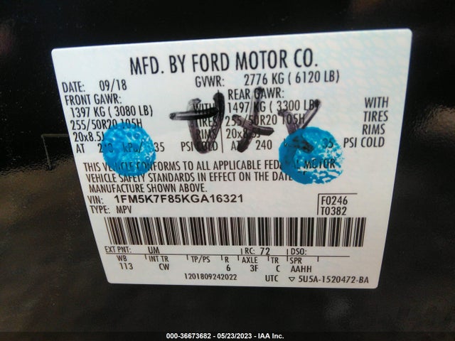 2019 FORD EXPLORER LIMITED VIN: 1FM5K7F85KGA16321
