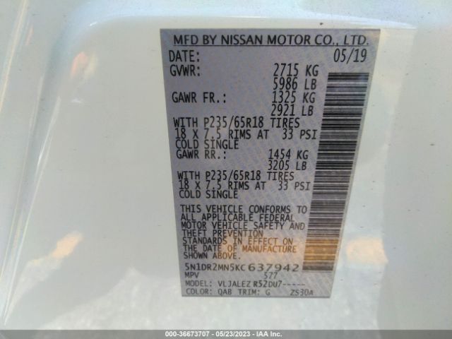 5N1DR2MN5KC637942 Nissan Pathfinder Sv