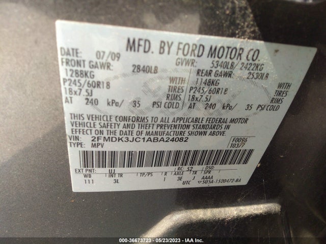 2010 FORD EDGE SEL VIN: 2FMDK3JC1ABA24082