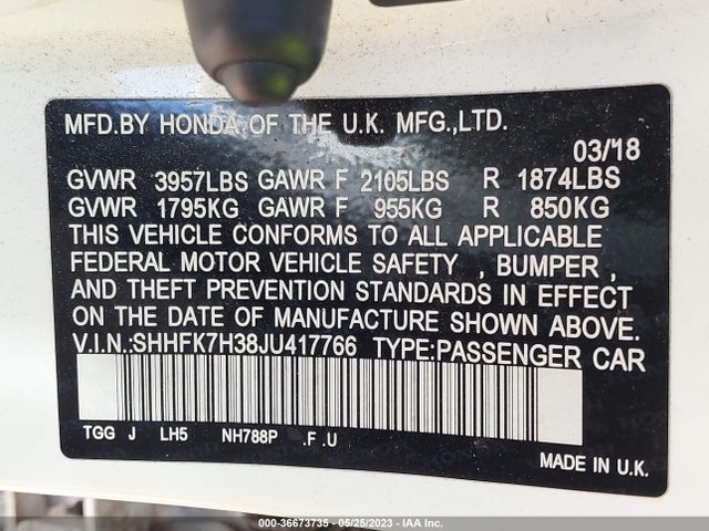 Honda Civic Hatchback Lx 2018 SHHFK7H38JU417766 Image 9