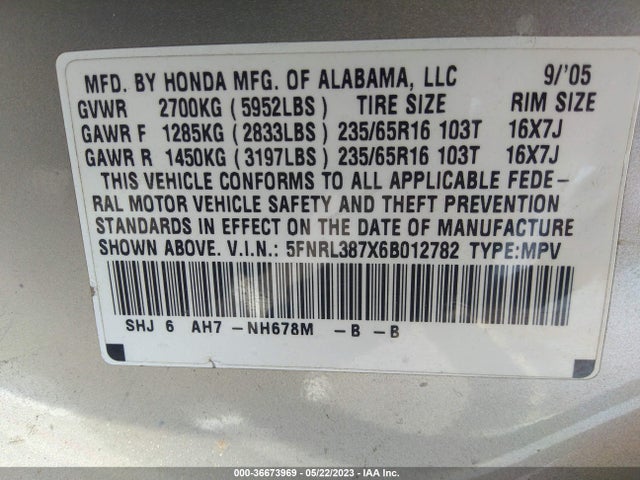 2006 HONDA ODYSSEY EX-L VIN: 5FNRL387X6B012782