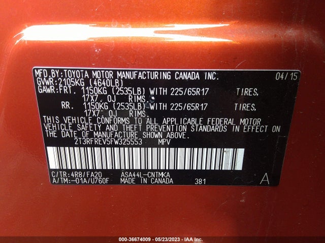 Toyota Rav4 Xle 2015 2T3RFREV5FW325553 Image 9